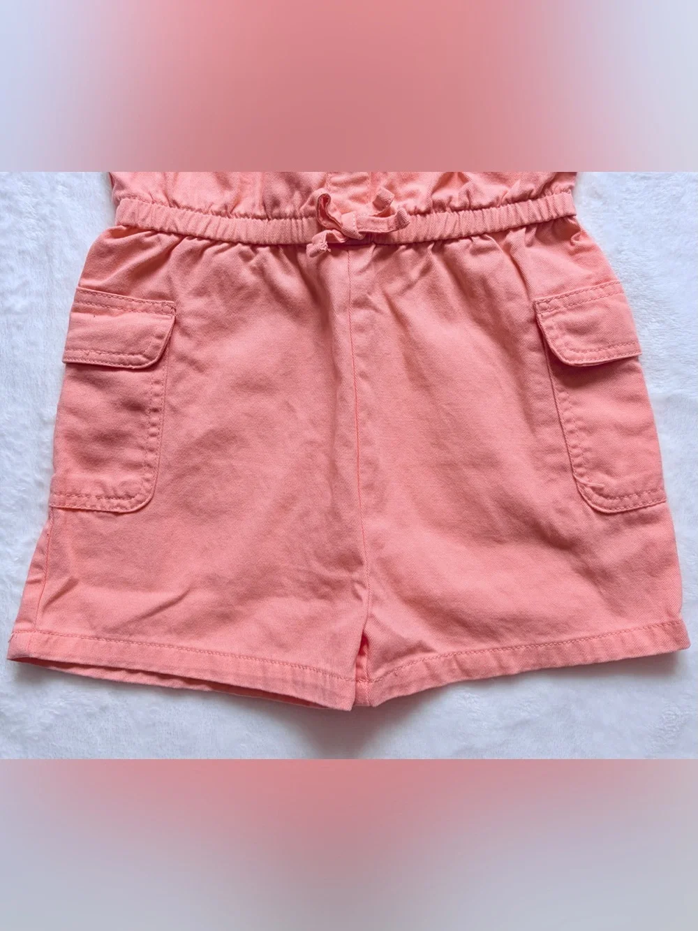 Girls 6X Peach Romper - Sleeveless Ruffle Strap One Piece Outfit W/ Pockets